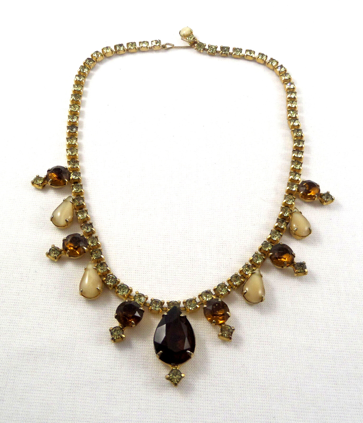 VTG Juliana Style Necklace Yellow & Brown Rhinestones Different Sizes & Shapes