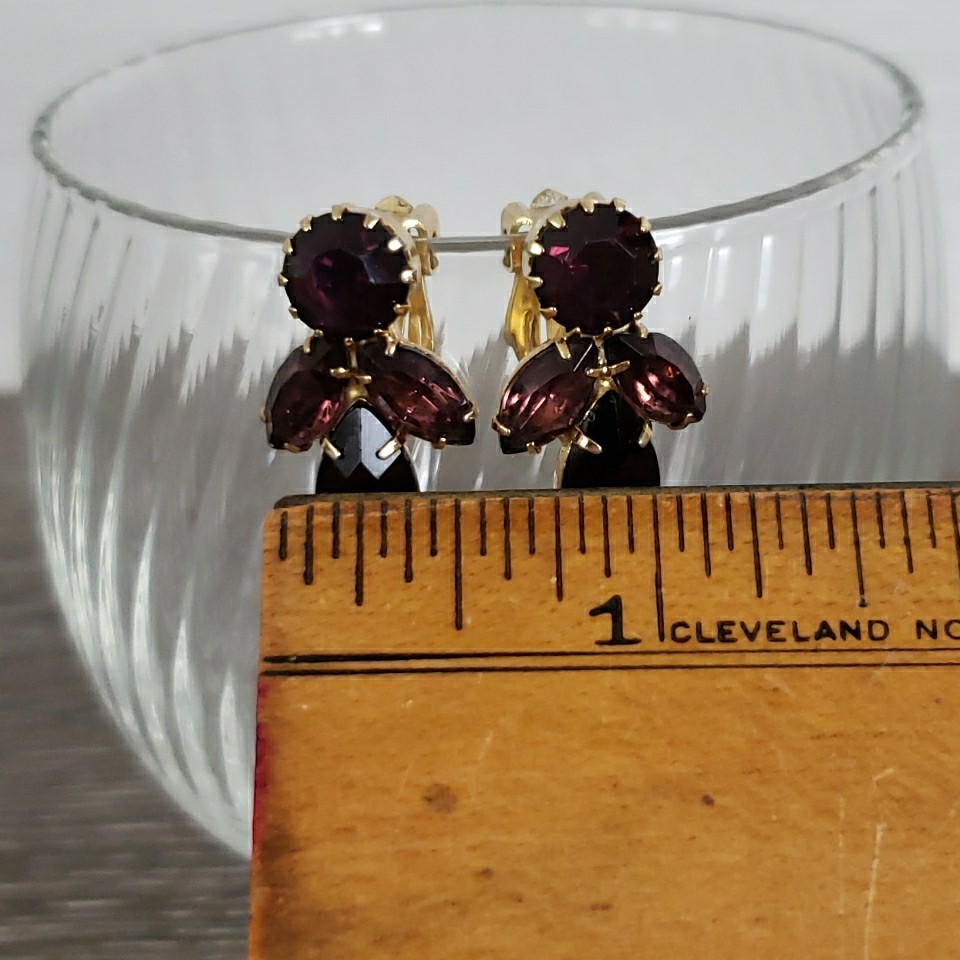 Vintage Purple Cluster Navette Prong Earrings Clip On Gold Tone