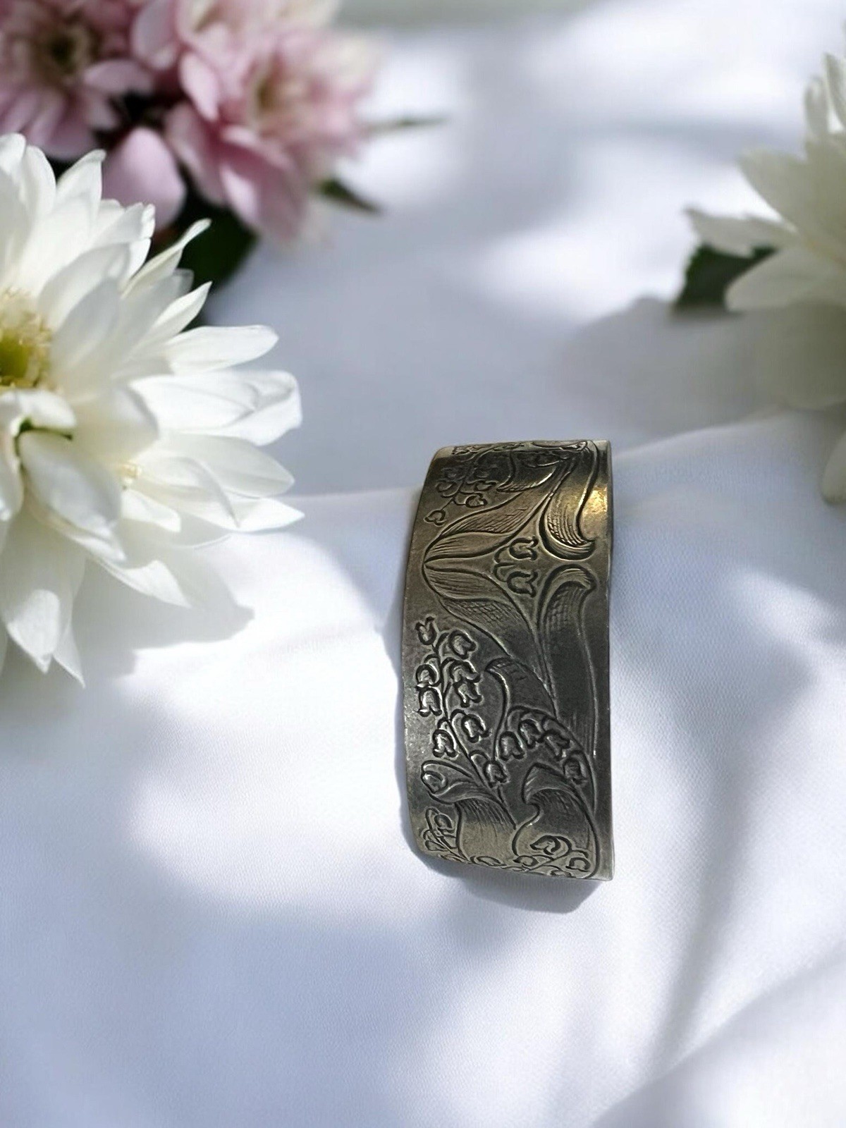 Salisbury Pewter Flower of the Month May Lilly Of Valley 2” Wide Cuff Bracelet