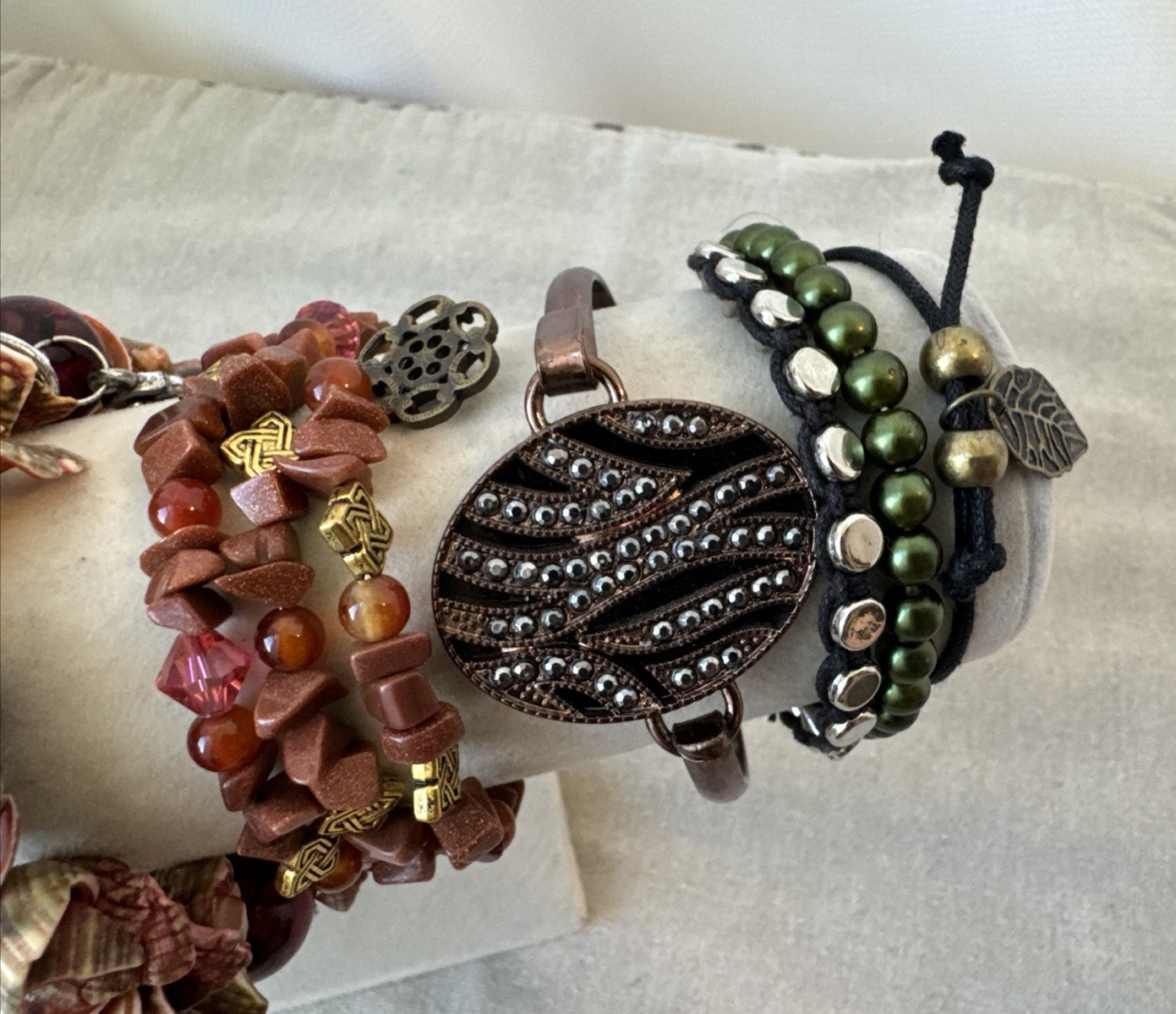 14 Bracelets earthtones glass beads shell textured Goldstone Lot boho 90s hippie