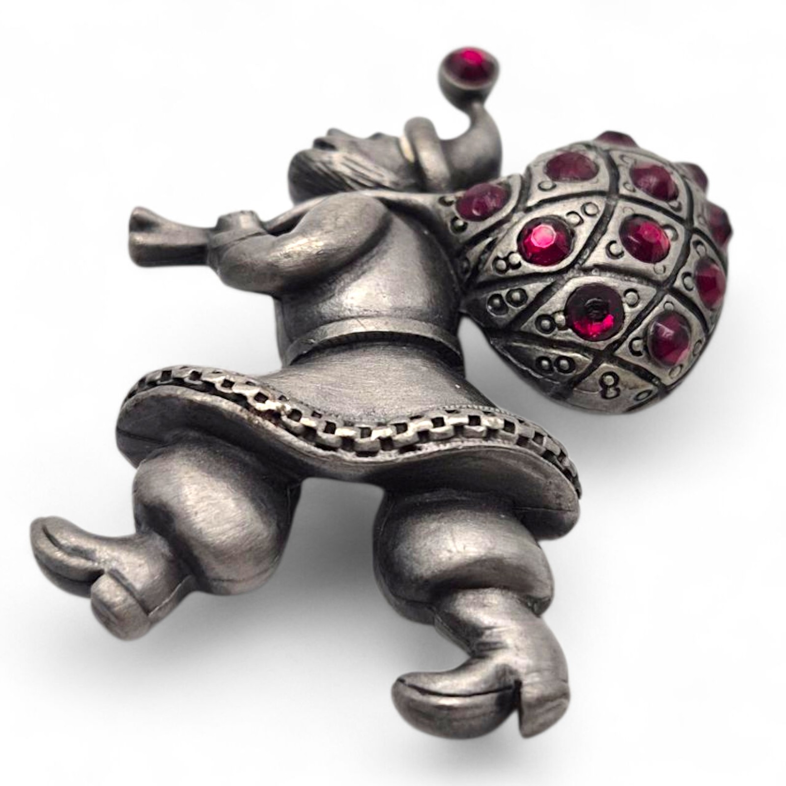 Vintage 1940’s Elf w/ Lattice Sack Brooch Red Rhinestones Pewter Look Metal