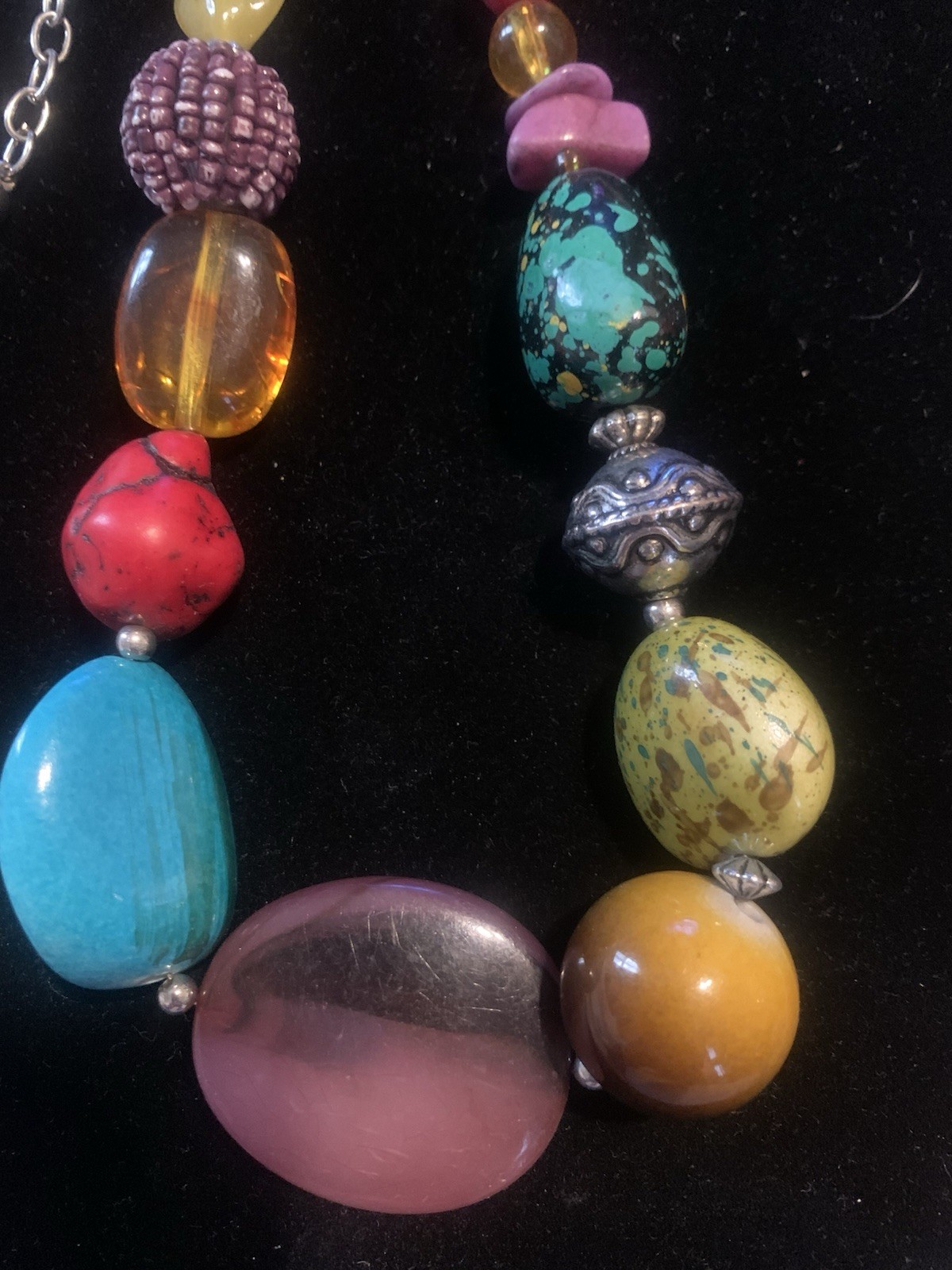 Vintage Pretty HSN Mixed Chunky Beads Stones Silver Tone Multi Color Necklace