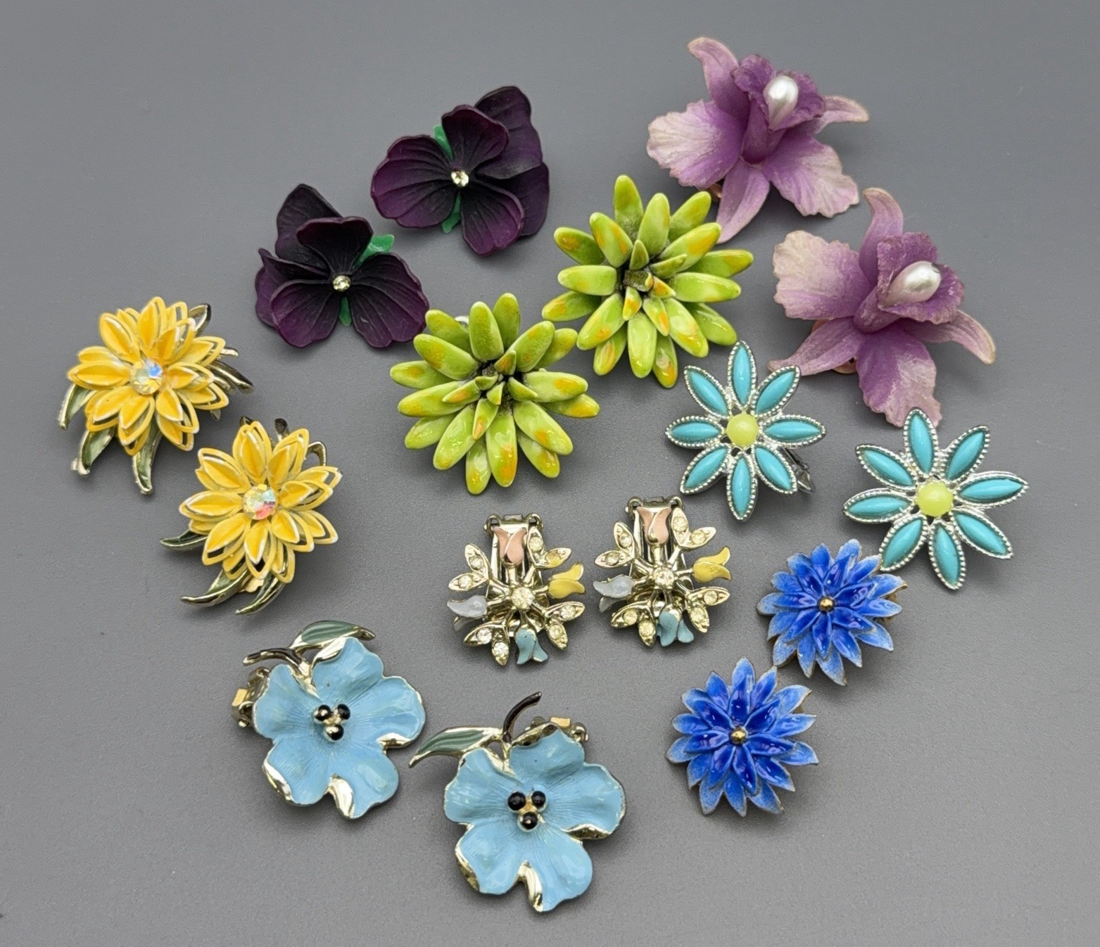 Vintage Flower Clip On Earrings Floral Lot Of 8 Orchid Pansies Tulip Multi Color