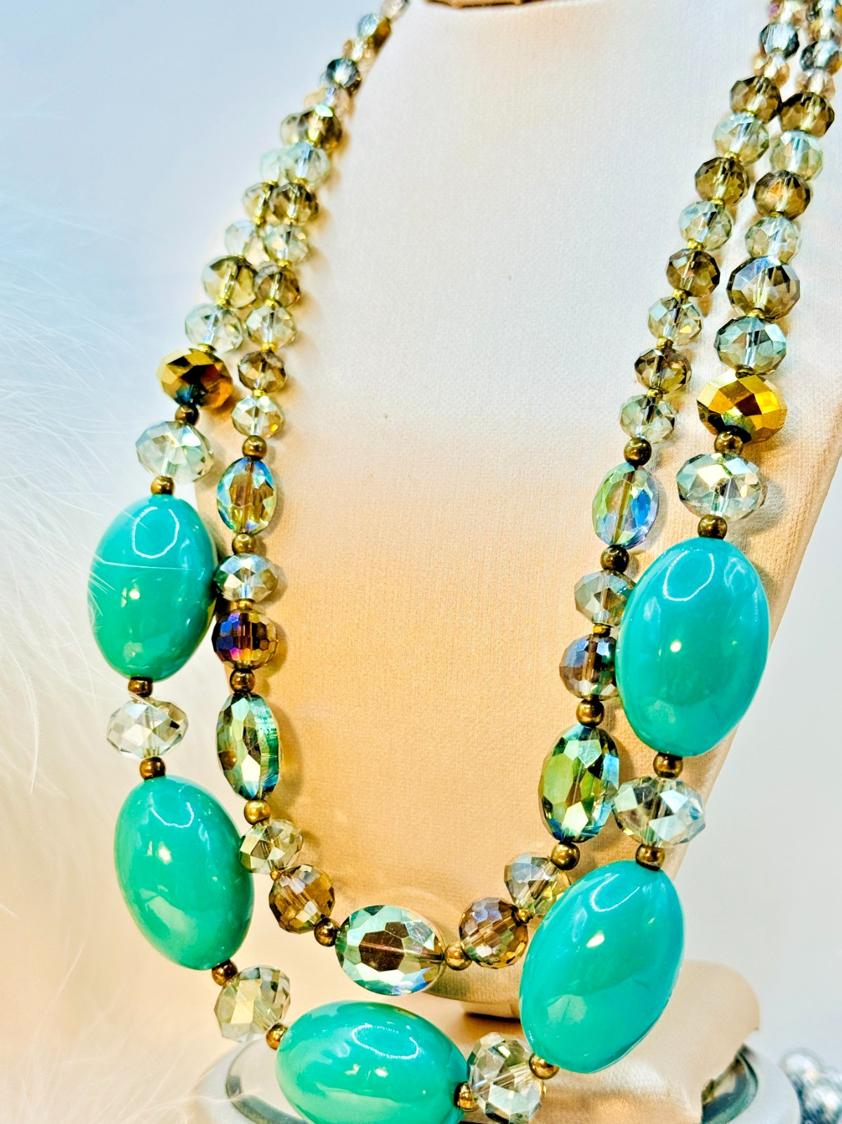 Vtg Iridescent Fully Faceted Crystals, Glass Beads 16 1/2″ Beautiful Necklace!!