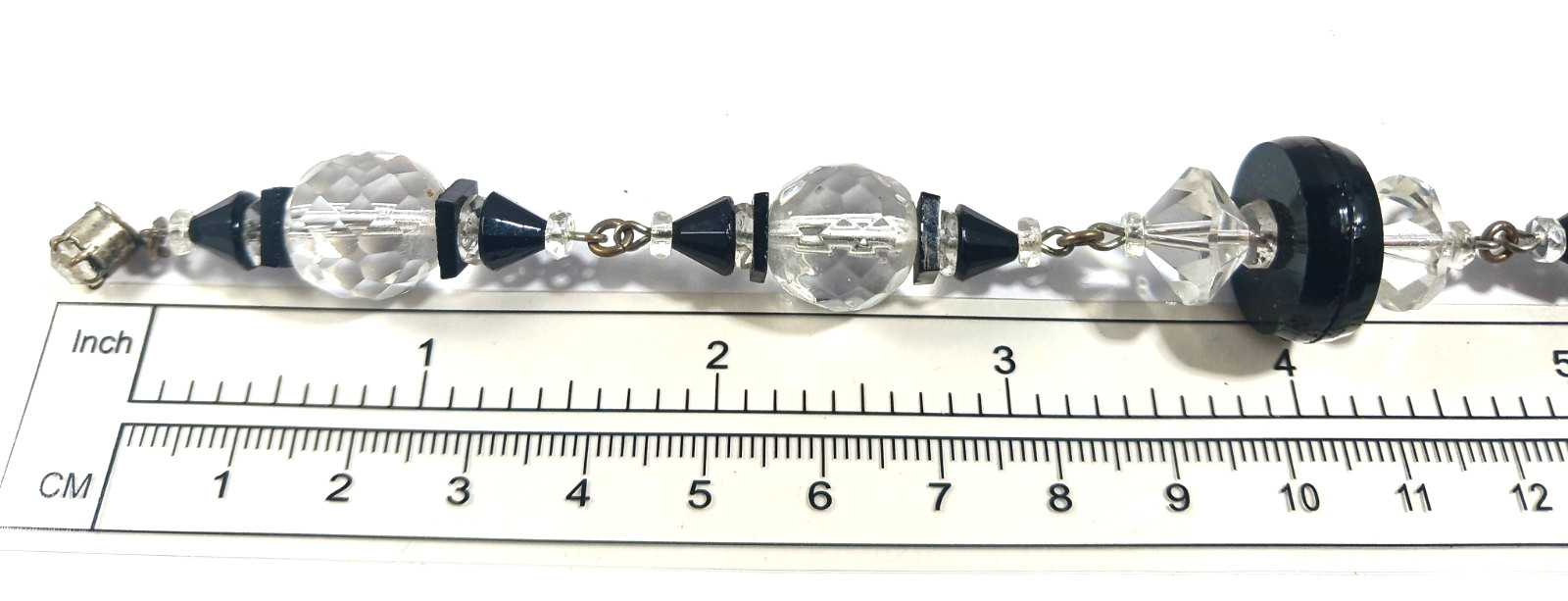 Art Deco Black & Clear Crystal Glass Beaded Necklace ~ 40 Inches