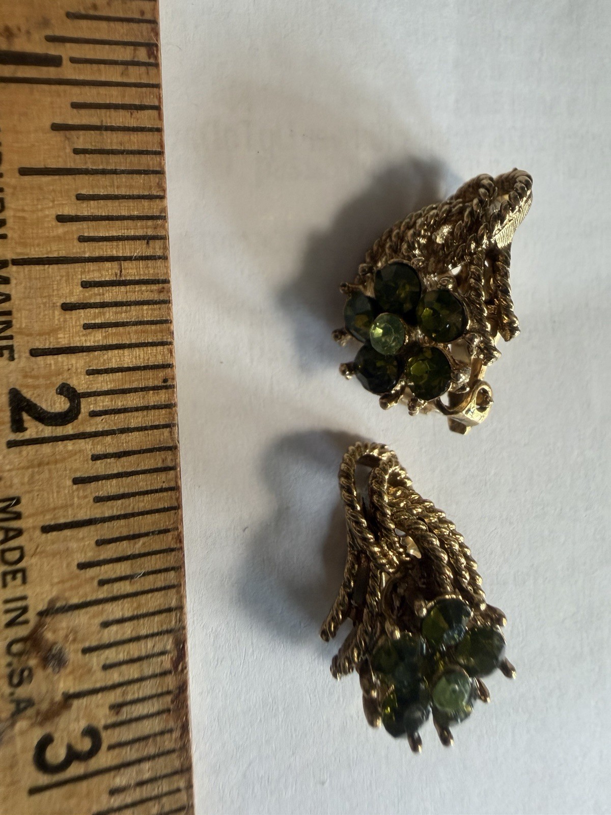 Green Rhinestone flower Cluster Clip On Gold Tone Earrings