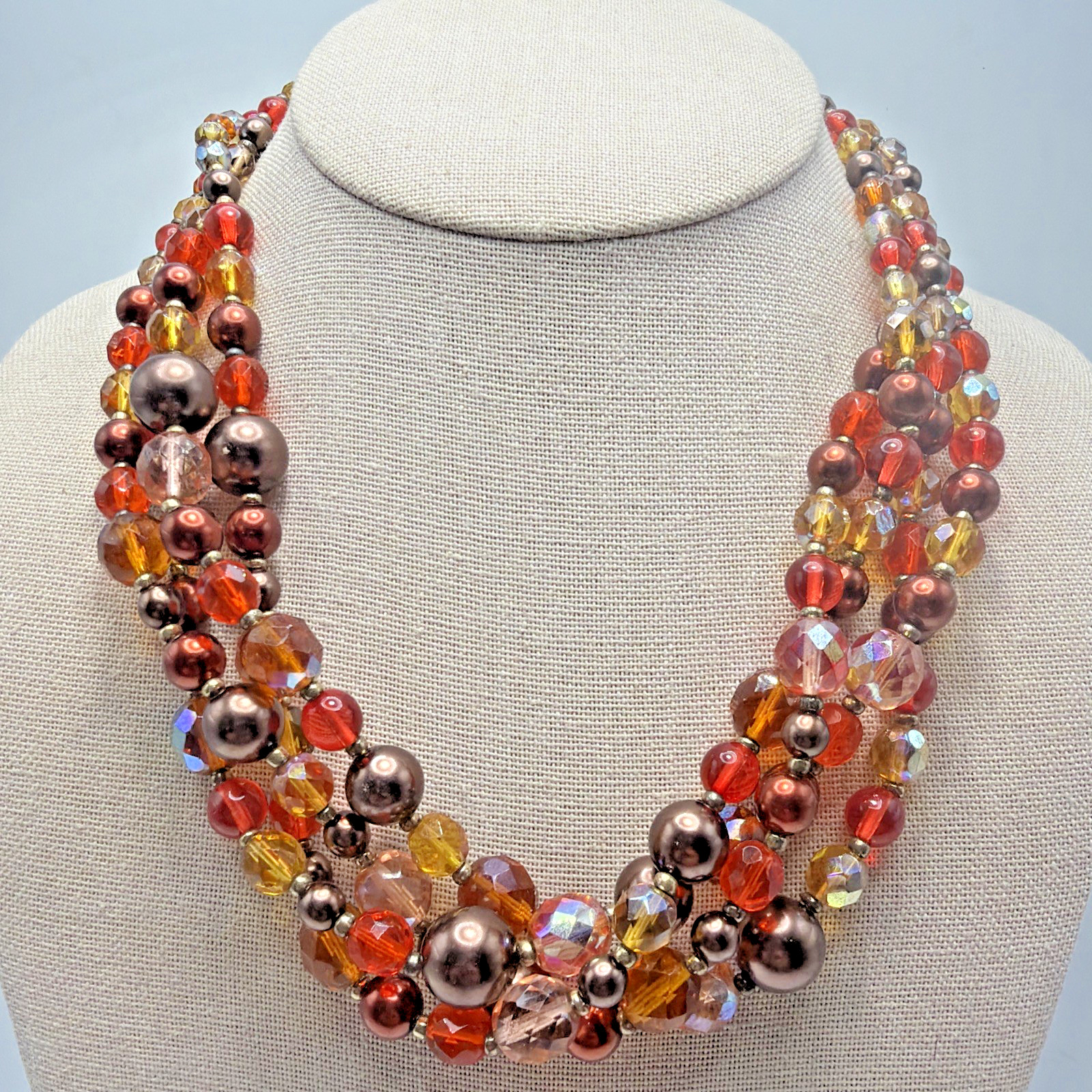 Joan Rivers Multi Strand Glass & Lucite Beaded Necklace Fall Colors Size 21”