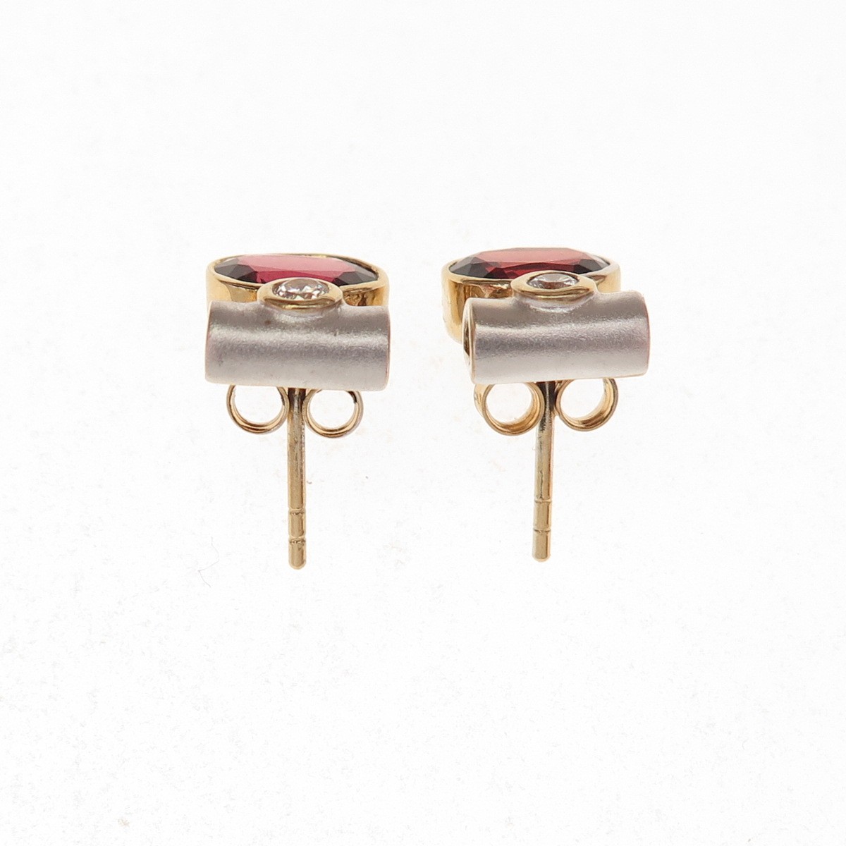 925 Sterling Silver 2-Tone Vintage Real Red Garnet & C Z Modernist Stud Earrings