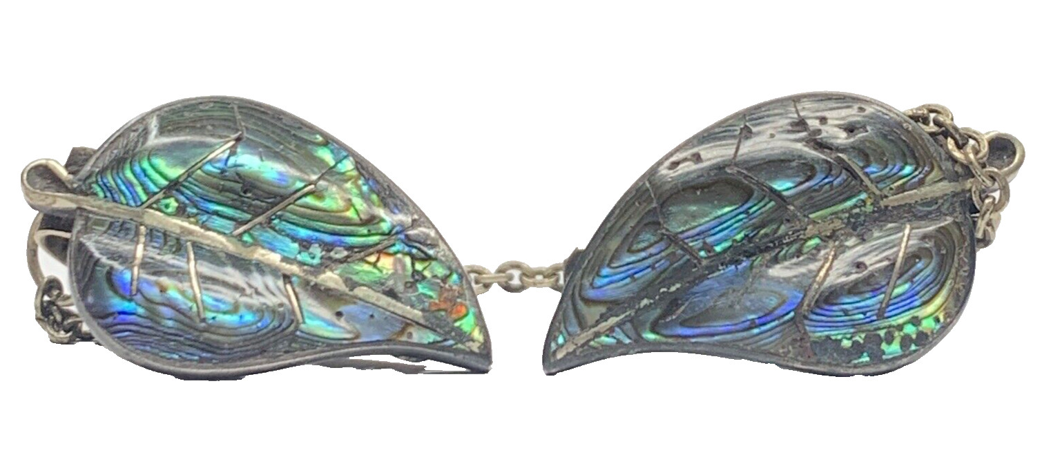 Vintage Sterling 925 Taxco Mex Abalone Leaf 1” Cardigan Sweater Brooch Clips 8G