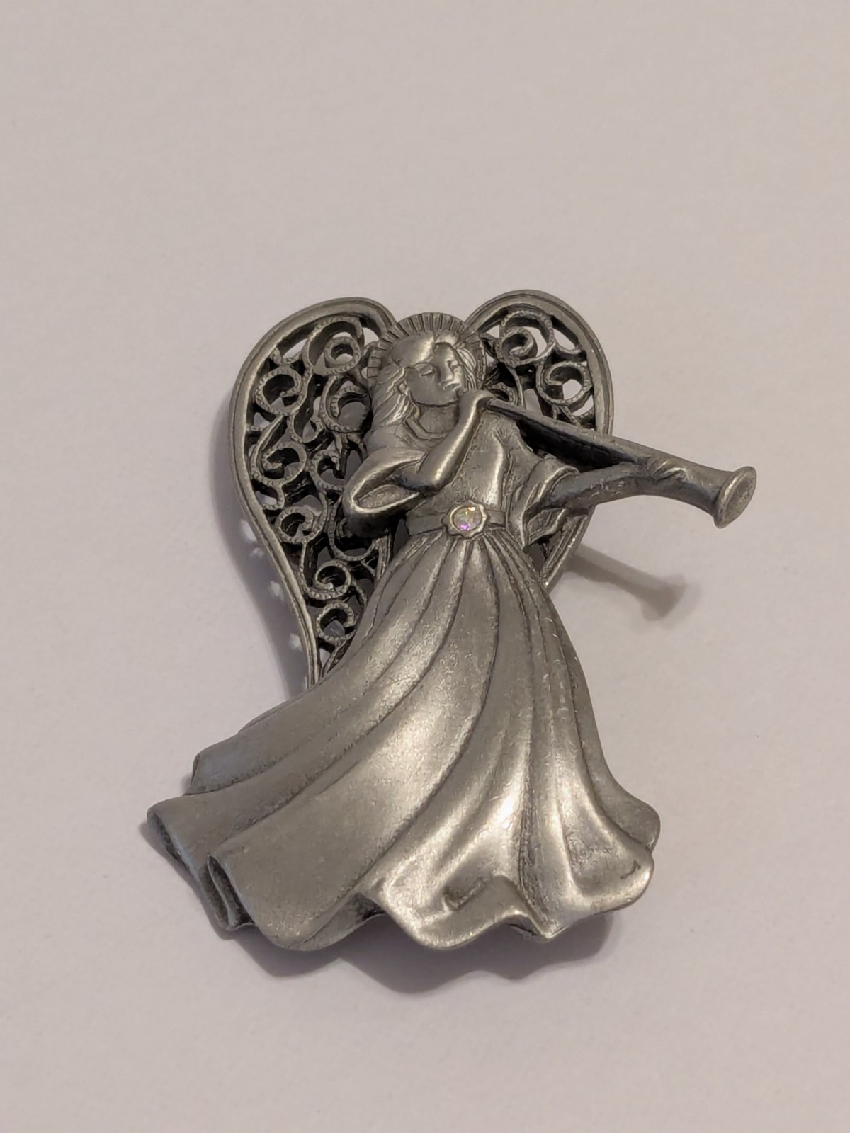 JJ Jonette Vintage Silver Tone Pewter Angel & Horn Brooch With Rhinestone 2.5″.