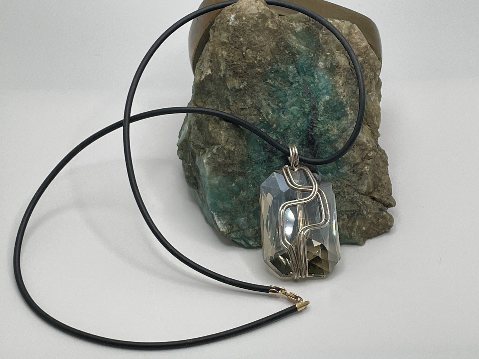 18” Black Rubber Cord Necklace 14K Gold Lobster Claw Clasp Crystal MOD Pendant