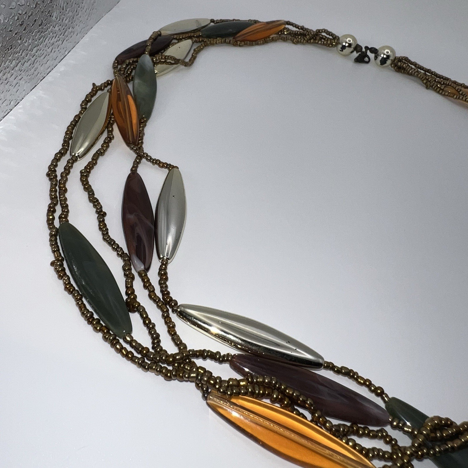 Vintage Plastic & Small Glass Beaded Necklace 32” End to End Beading Warm Colors