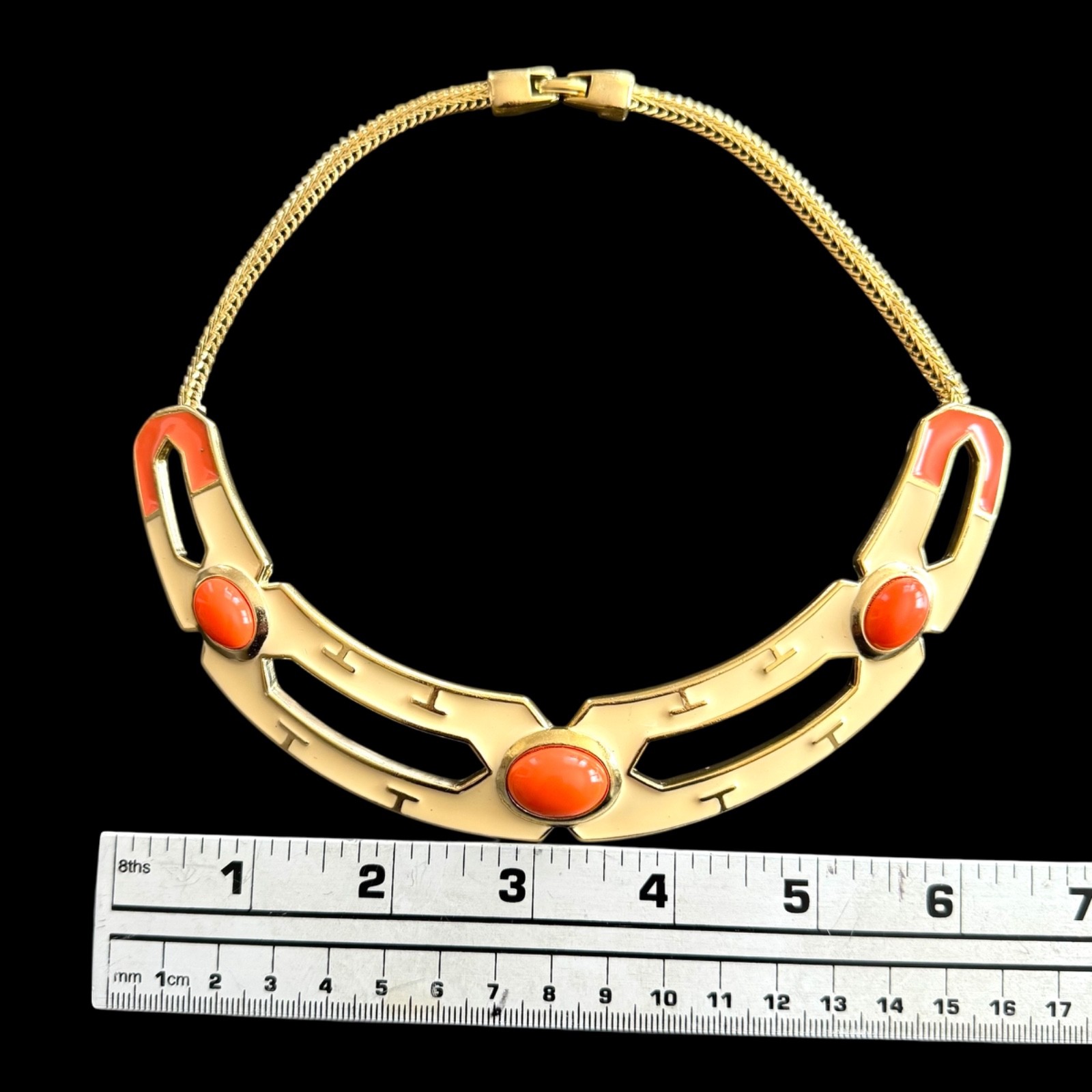 Vtg Collar Choker Necklace Orange Cabochon Gold Cream Enamel Chunky Statement