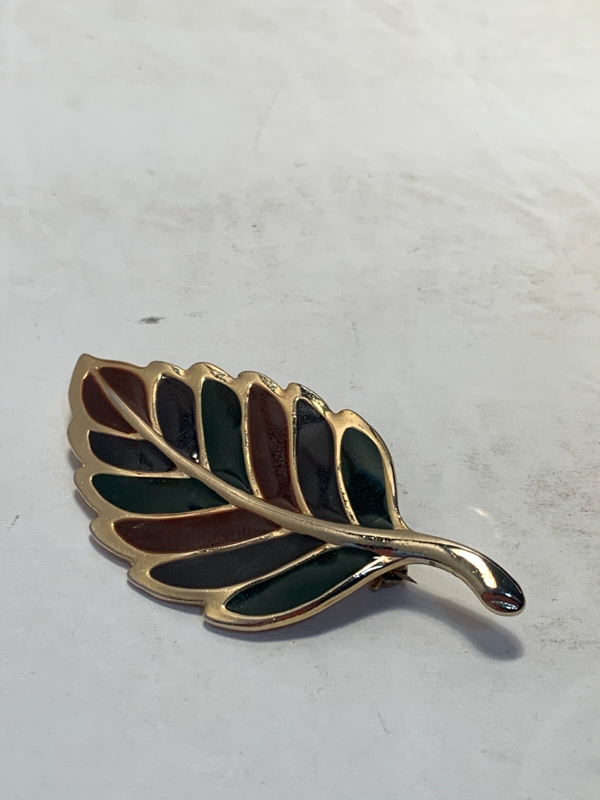 Gold Colored Metal, Red and Green Enameling, Leaf Pin/Brooch, Fall, Christmas