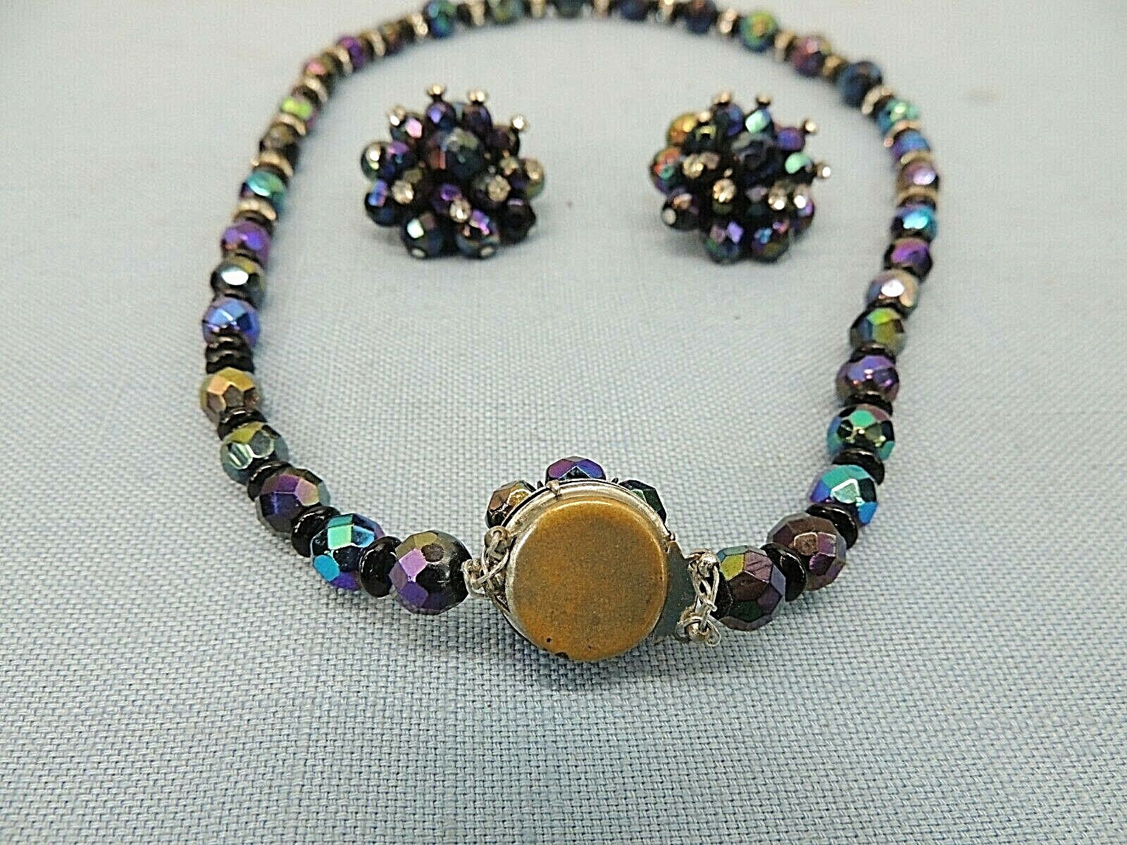 VINTAGE NECKLACE AND CLIP-BACK EARRINGS, BLUE AND PURPLE BEADS