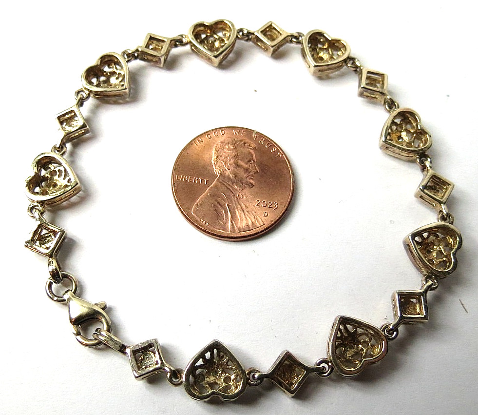 VINTAGE WOMEN HEART BRACELET GOLD TONE 925 STERLING SILVER 7″ LONG