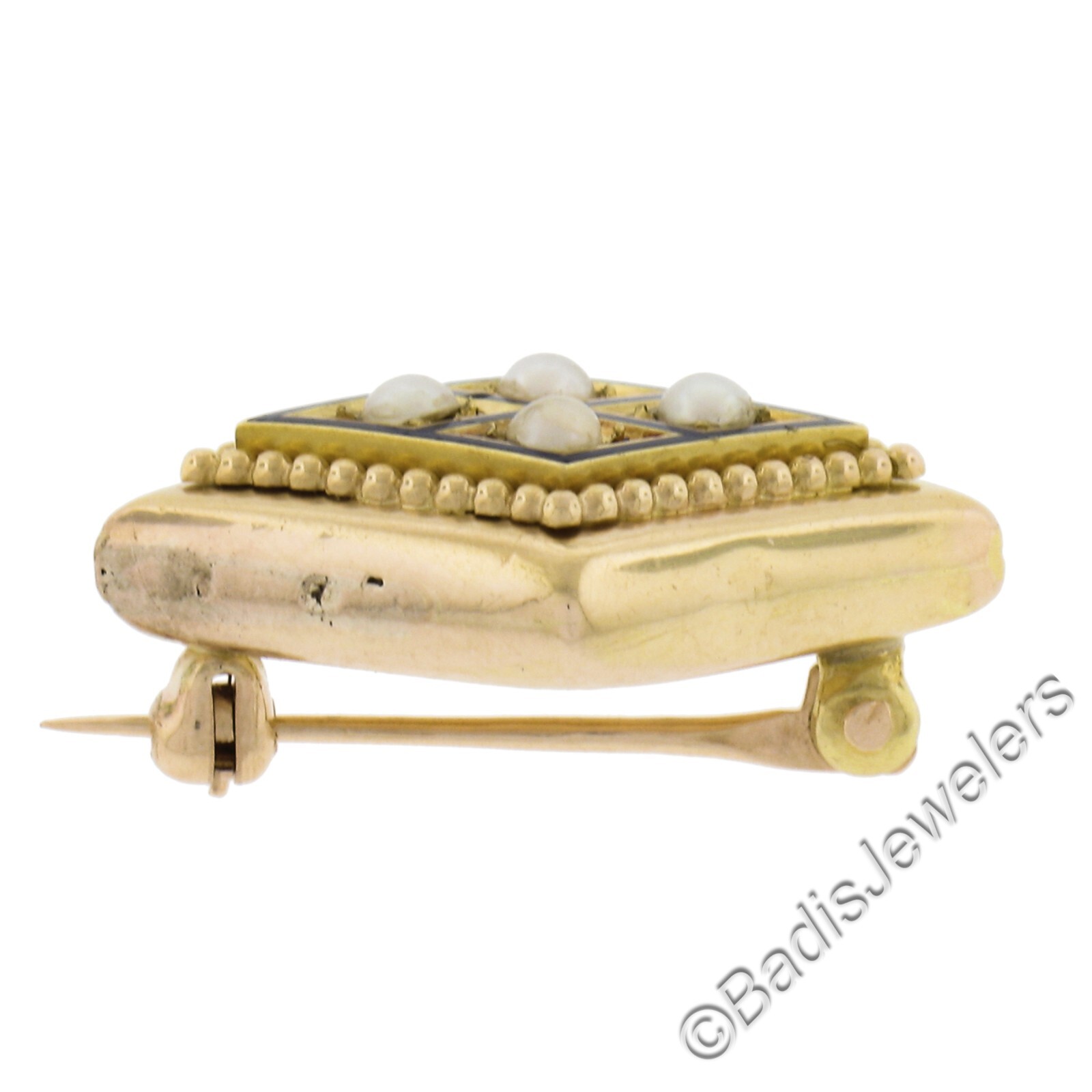 Antique Victorian 18k Yellow Gold Pearl & Blue Enamel Lozenge Shape Pin Brooch