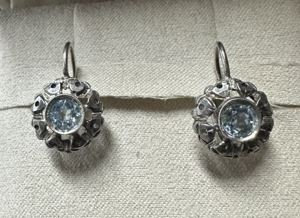 Art Deco Style Lab Created Aquamarine Diamond Anniversary 14k White Gold Earring
