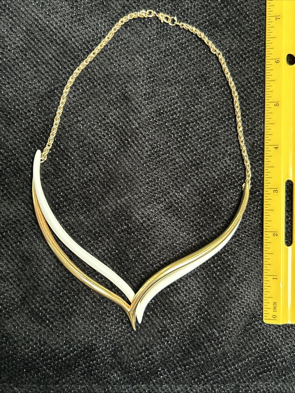 Vintage Monet Double V Neck Swirl Choker Necklace Two Tone Gold Off White Signed