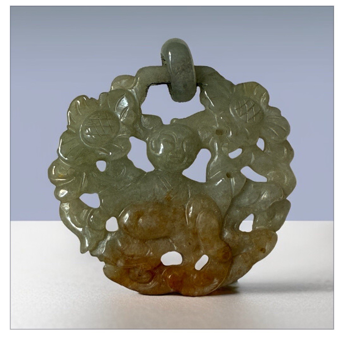 Vintage Carved Jadeite Pendant 26g Natural Green Russet Jade Child Lotus Motif