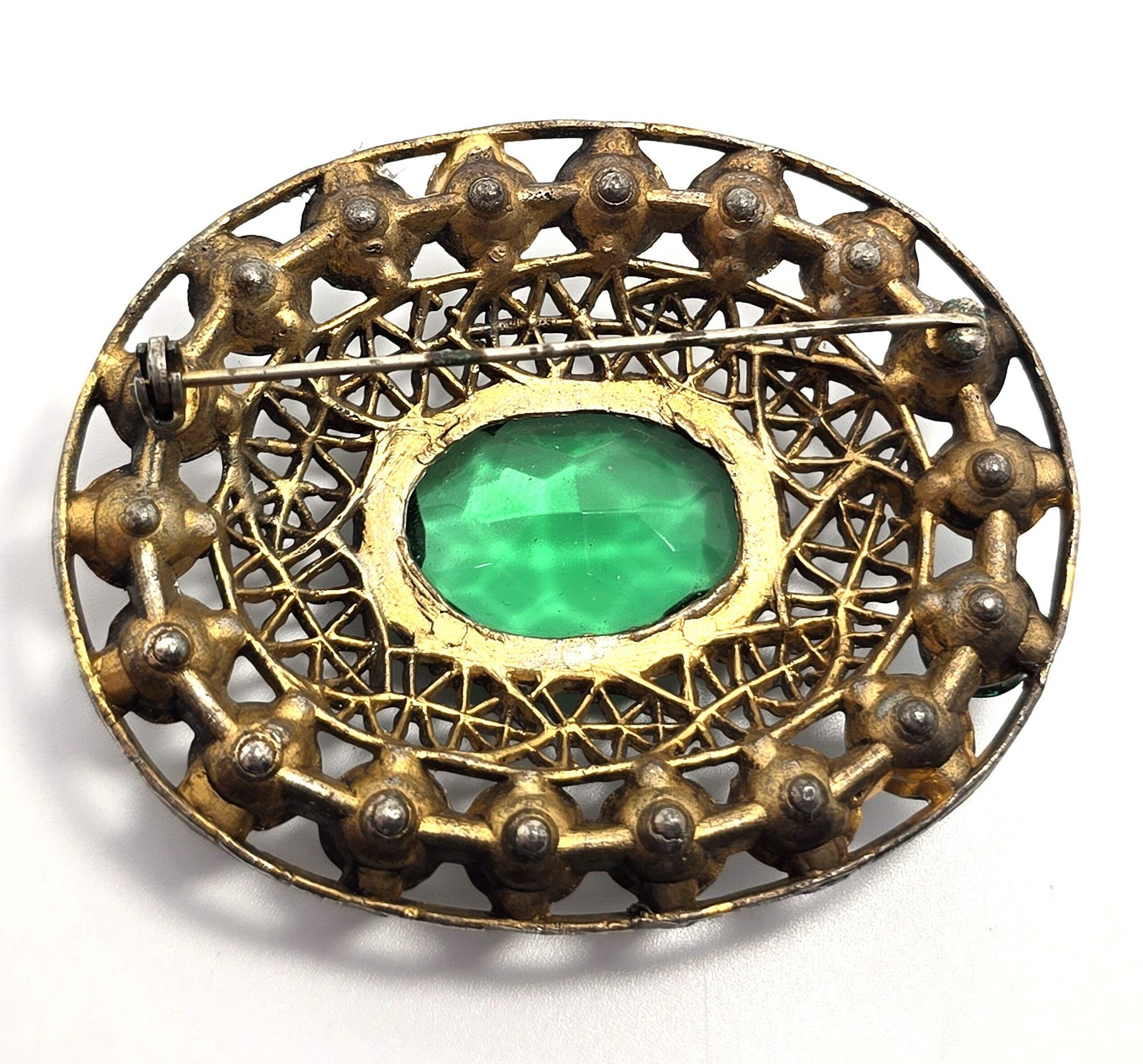 Emerald dark green chaton rhinestone fall tribal leaf vintage brooch
