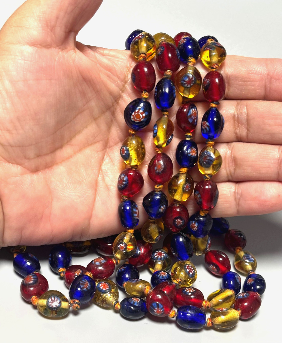 Vintage VENETIAN MURANO GLASS Bead Knotted Rope Long Necklace 62″ – 180g