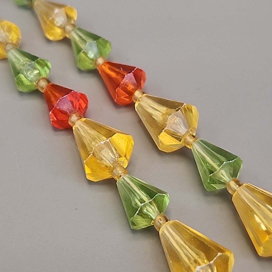 Vintage Plastic Beaded Necklace West Germany Orange Green Yellow AB Glass 20″