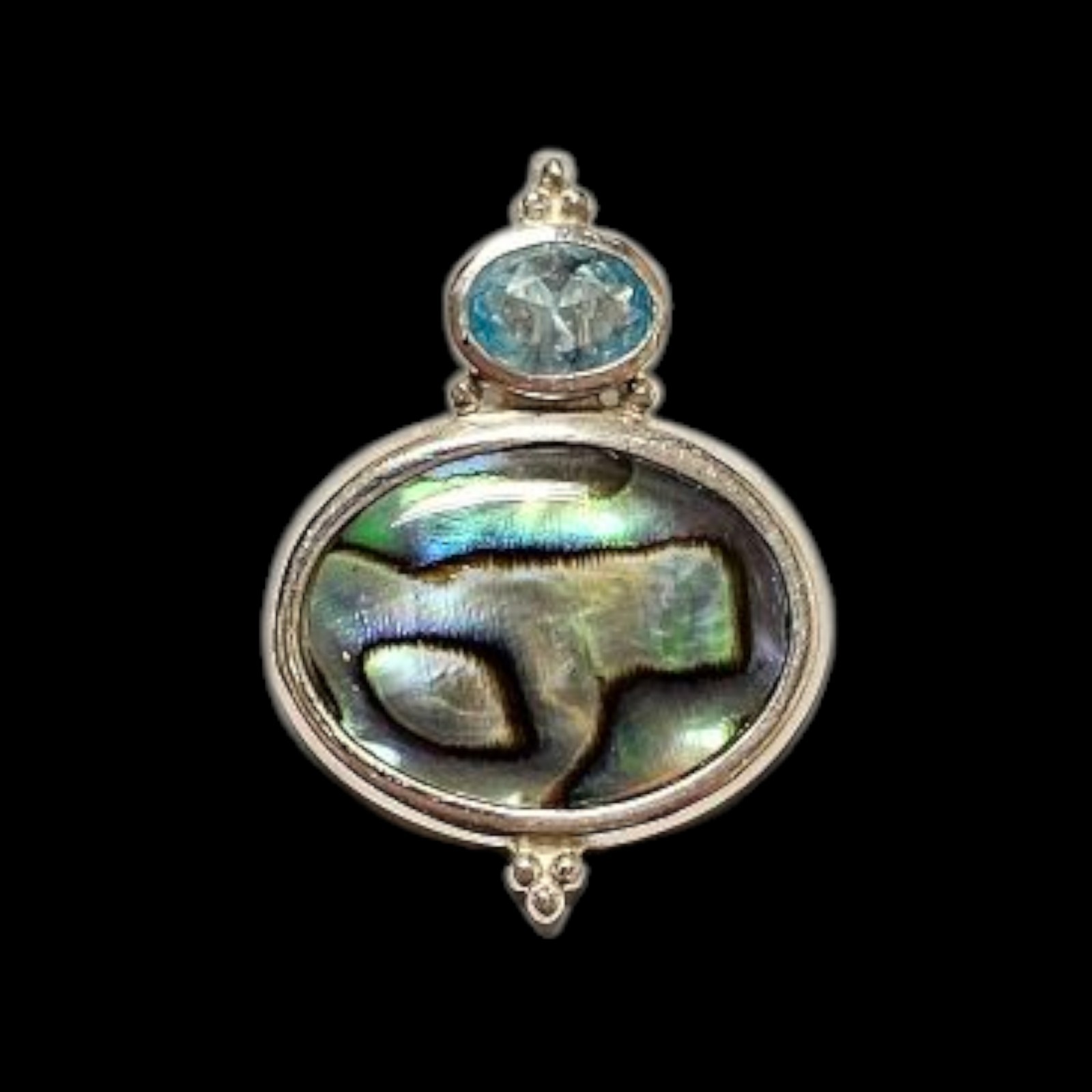 Vintage Abalone Shell Blue Topaz Gem Stone 925 Sterling Silver Pendant 3g