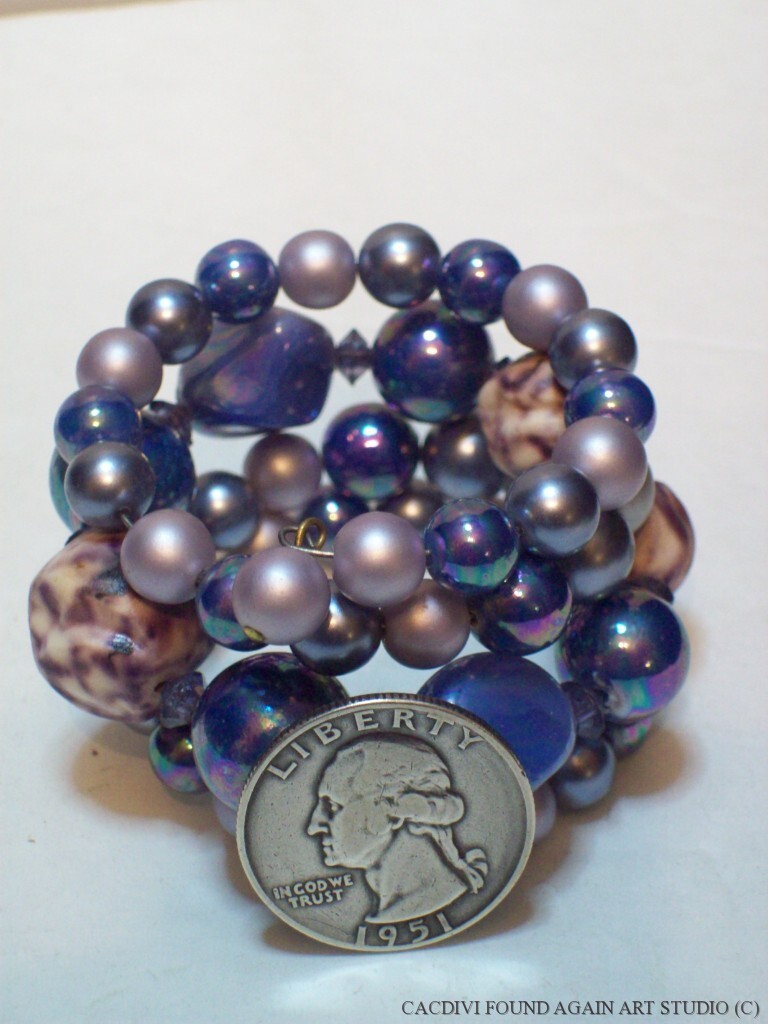 Retro Blue Purple Bead Bracelet Multi Strand Dimple AB Faux Pearl Wire Wrap Vtg