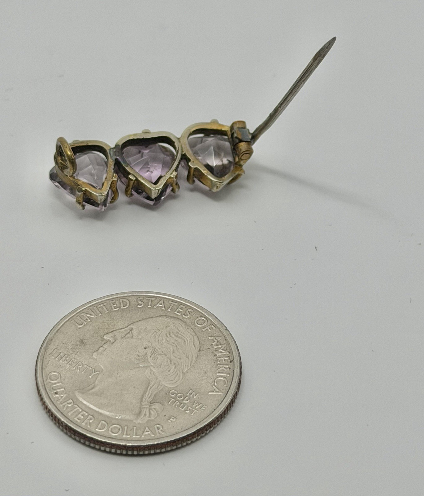 Antique Victorian 3 Light Purple Paste Hearts Goldtone Bar Brooch