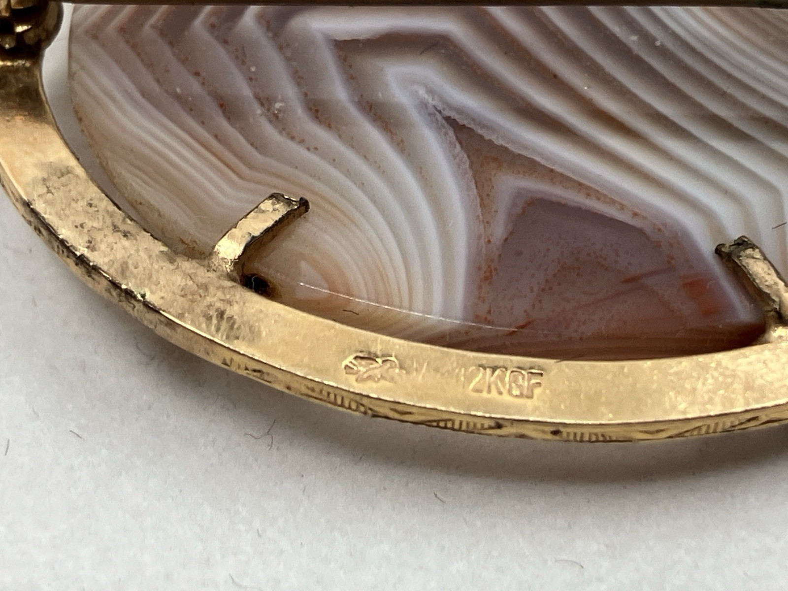 Vintage Gold Filled Brooch Banded Agate Stone Pin