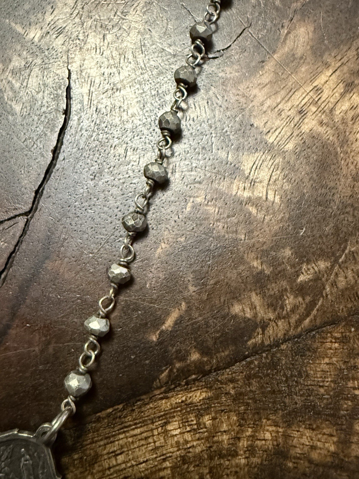 Vintage Silver Rosary Necklace with Long Flat Links and Metal Beads, Reversible