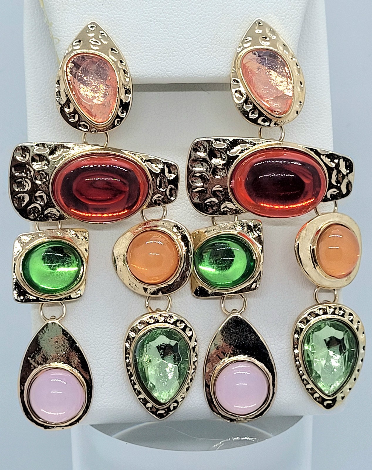Retro GoldTone Multicolor Gemstone Dangle Drop Oversized Statement Post Earrings