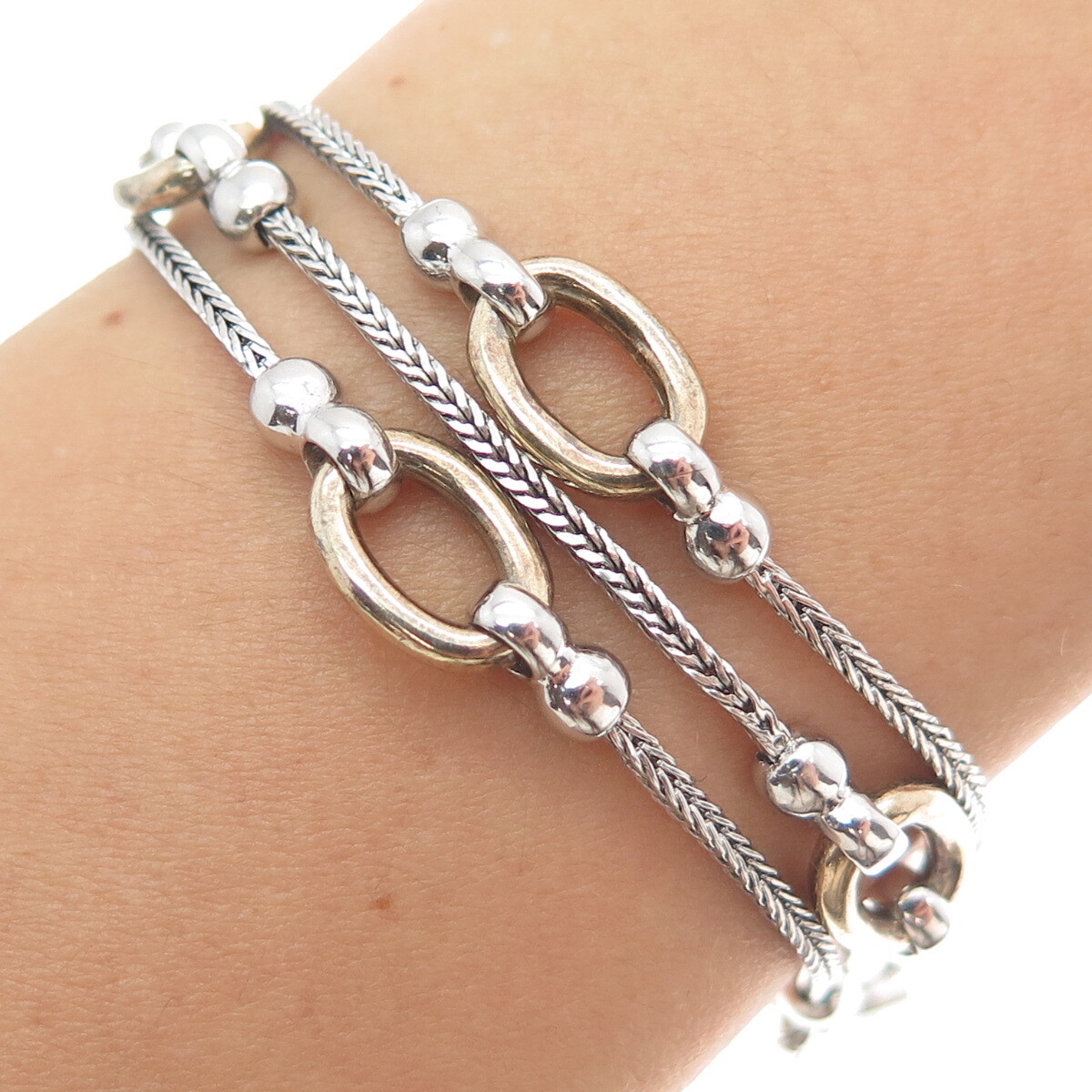 925 Sterling Silver 2-Tone Vintage Oval Station Wheat Link 3-Strand Bracelet 7″