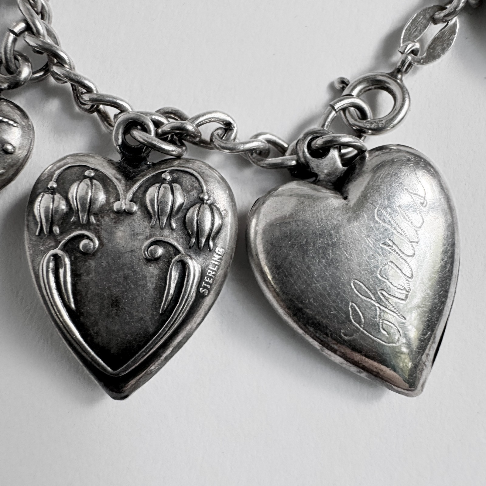 Vintage WWII Sterling Silver 925 Puffy Heart Sweetheart Bracelet w/ 14 Charms