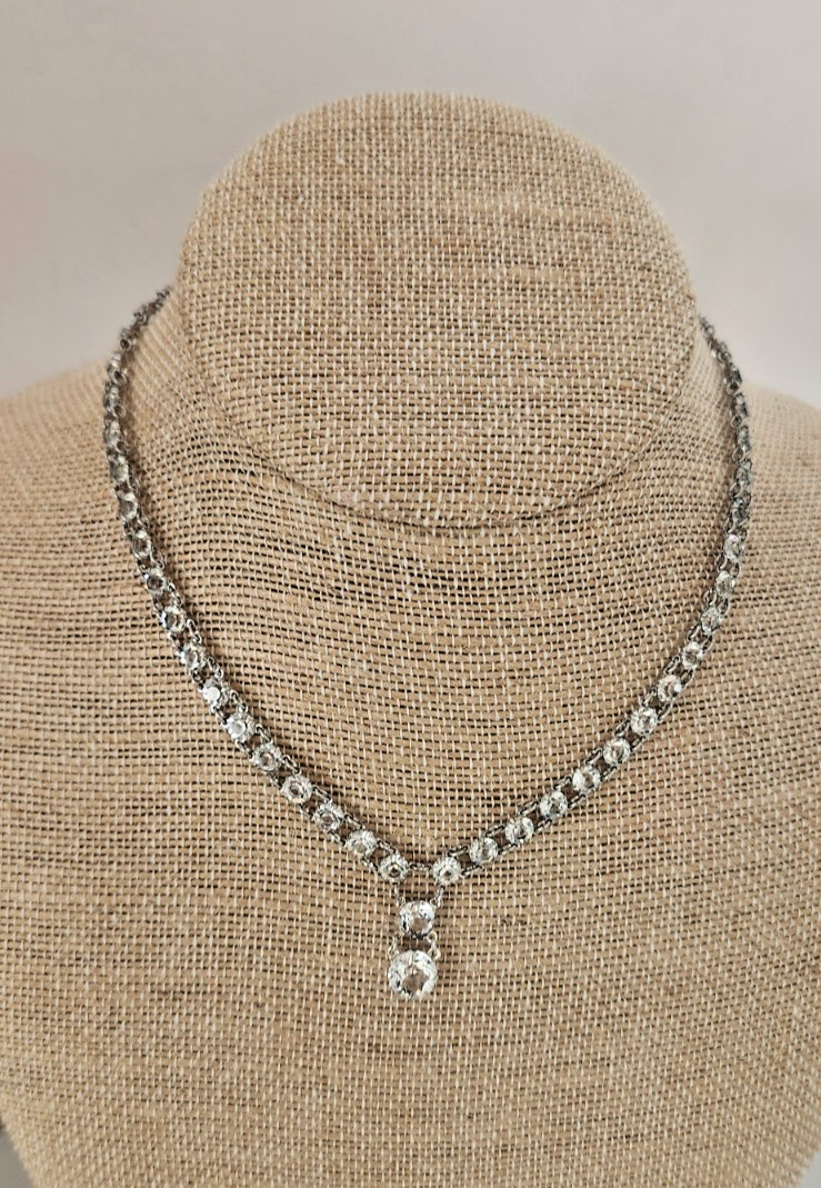 Antique Art Deco Silver Riviera Faceted Crystal Open Back Prong Set Necklace