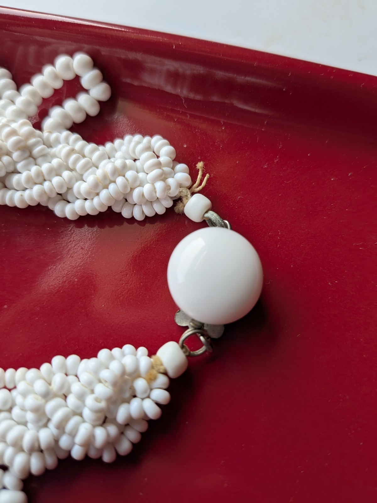 Vtg Japan MCM White Braided Seed Bead Scallop Fringe Collar 15″ Necklace AS IS