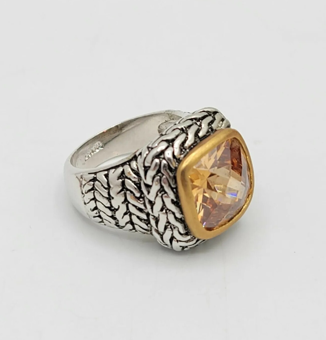 Vtg Ring Sz 7 Lg Citrine Topaz Amber Cubic Zirconia Medieval Jewelry Braid