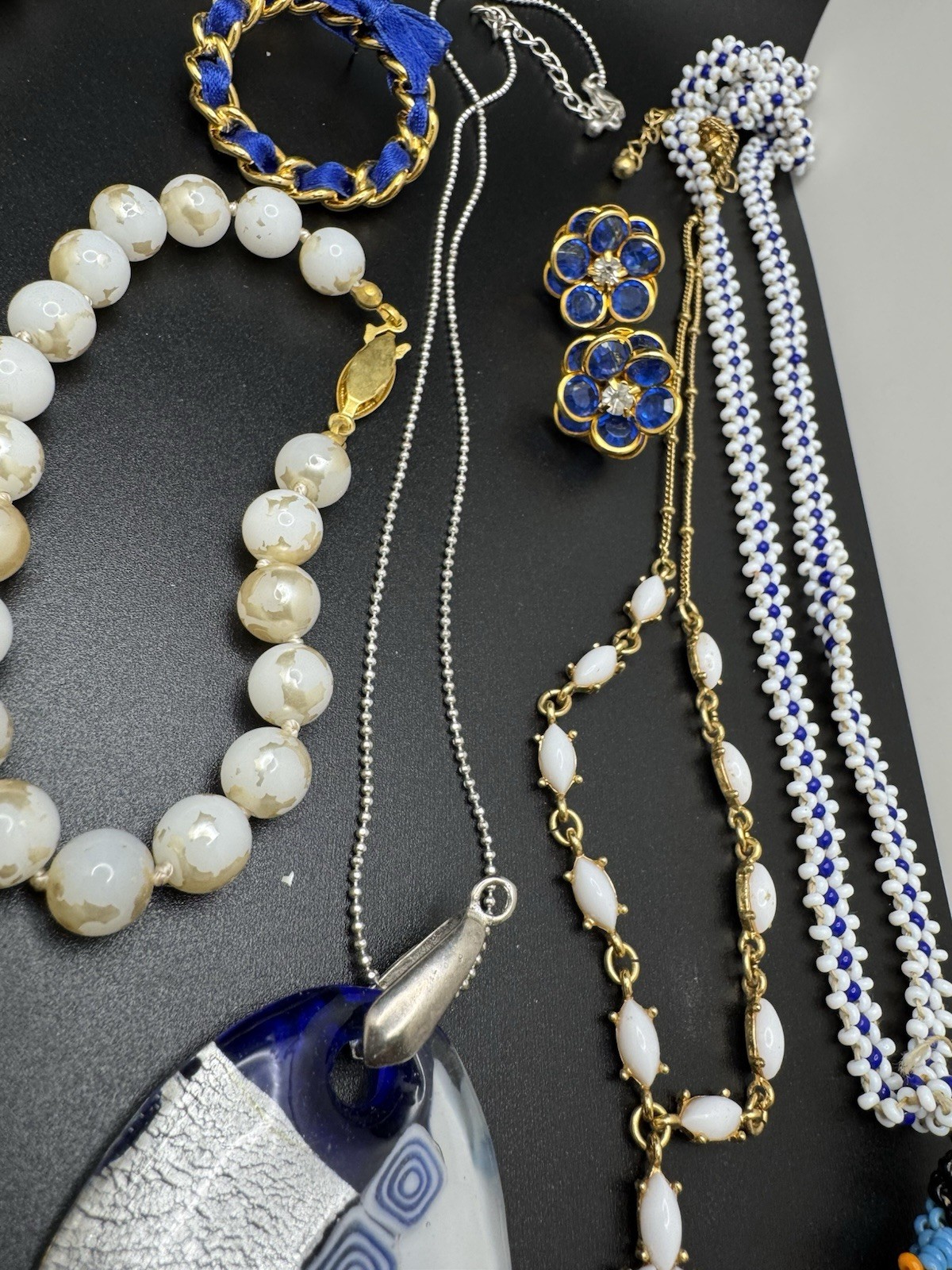 Vintage Blue White Jewelry Lot Beaded Necklaces Earrings Bracelet Boho