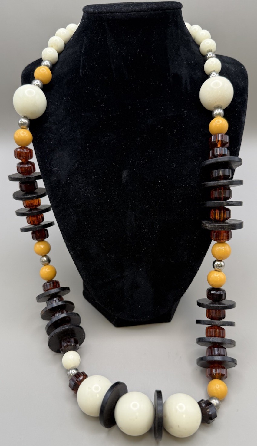 VTG Chunky Beaded Statement Necklace Cream , Amber Yellow , Black Mixed Beads