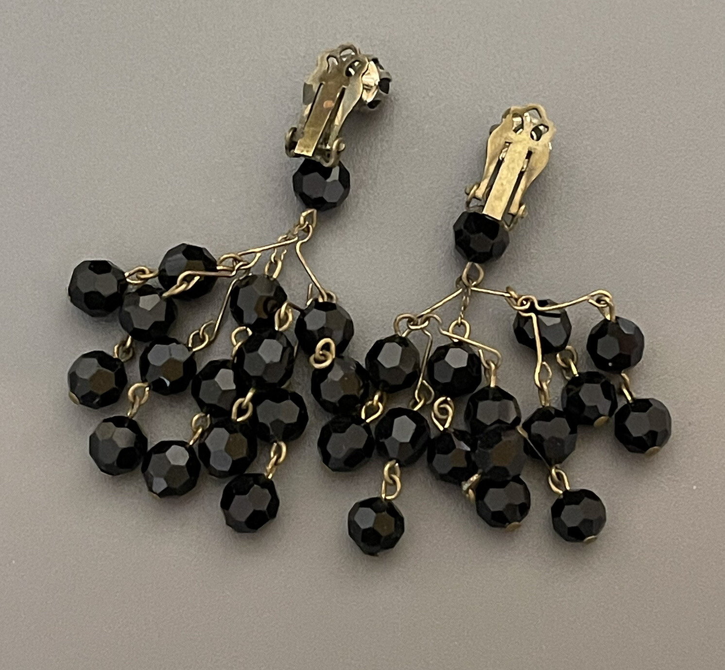 Vintage Faceted Jet Black Glass Bead Necklace West Germany – Clip On Earrings