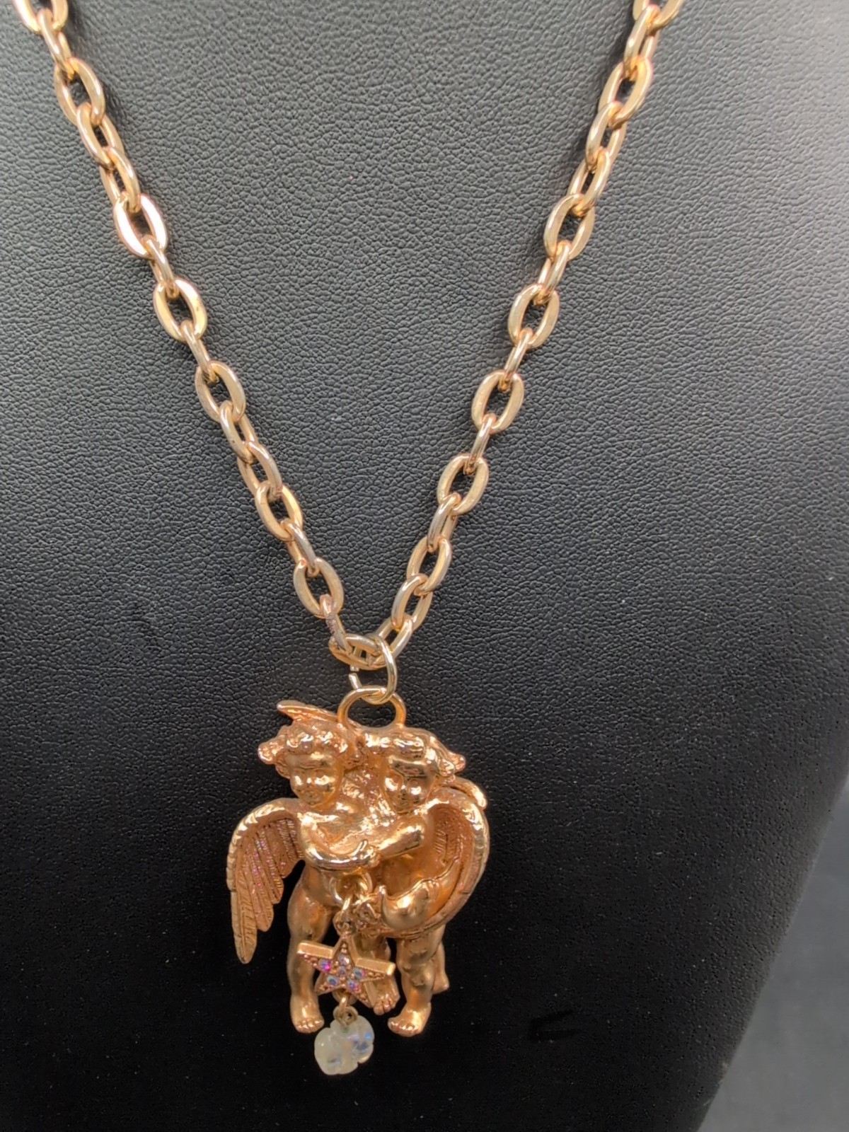 Vintage Kirks Folly Double Cherub WithStar Charm Necklace Gold Tone