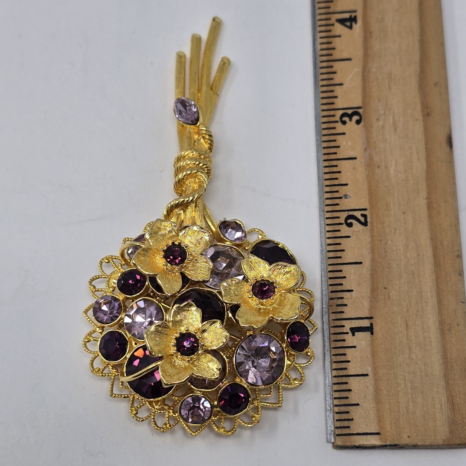 Signed RJ Graziano Purple Rhinestone Floral Bouquet Brooch