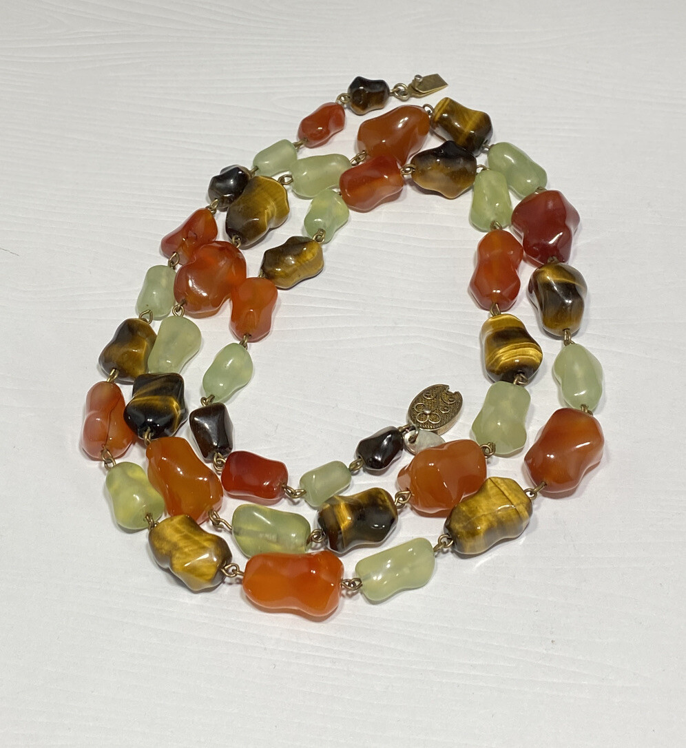 Vintage Signed Les Bernard Tiger?s Eye Jade and Carnelian Beaded Necklace 36 in