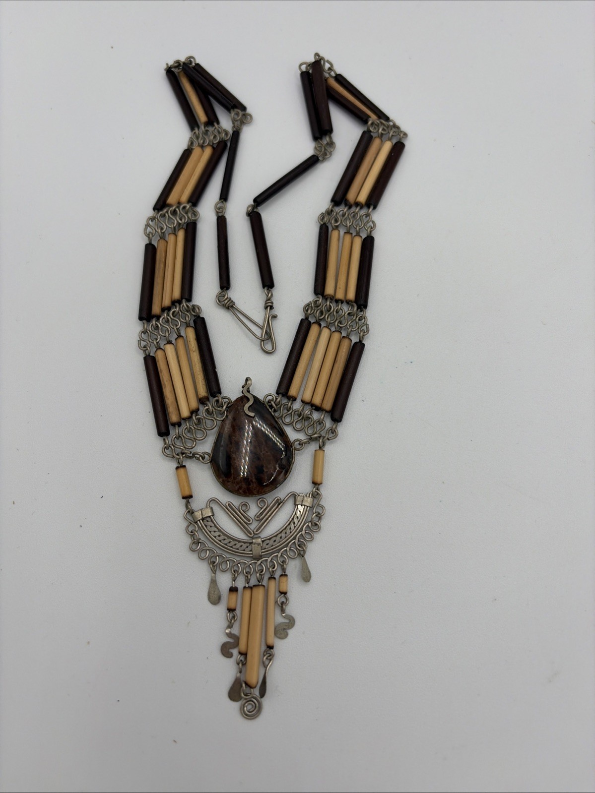 Vintage Handmade Choker necklace bamboo beaded black brown stone Snake Bail