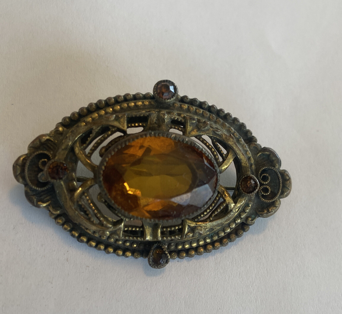 ANTIQUE VINTAGE ART DECO TOPAZ GLASS JEWELED BROOCH PIN almost 2″