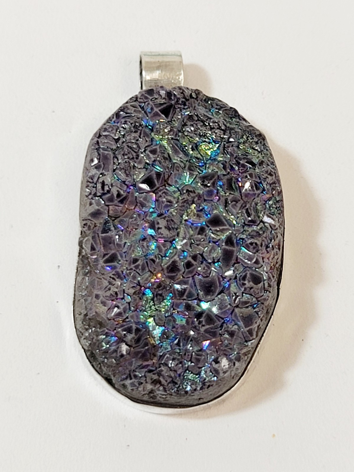 Vintage Sterling Silver Large Purple Blue Peacock Druzy Stone Necklace Pendant