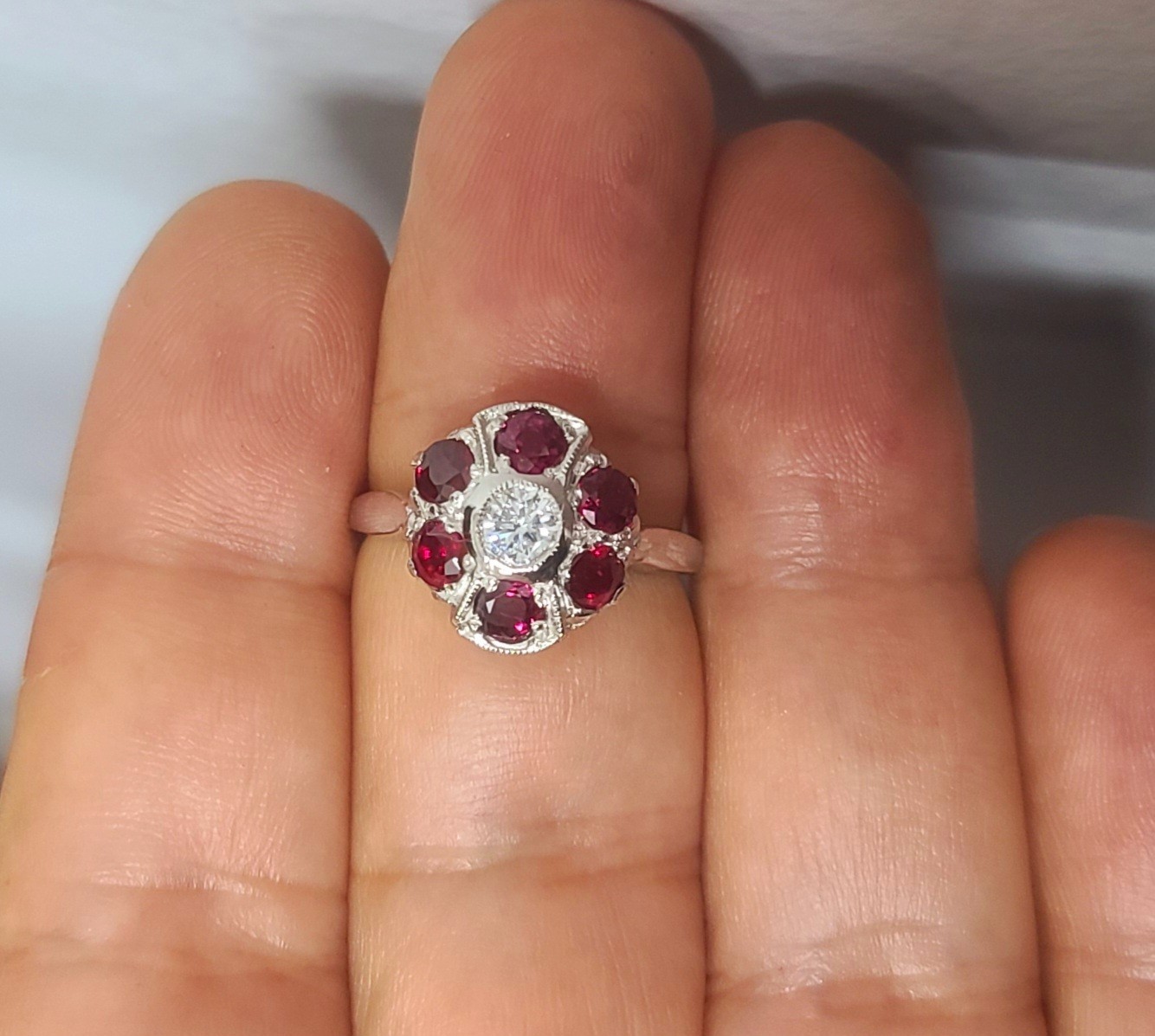Platinum Vintage Engagement Ring 1.53ct. Natural Ruby Round Shape Diamond