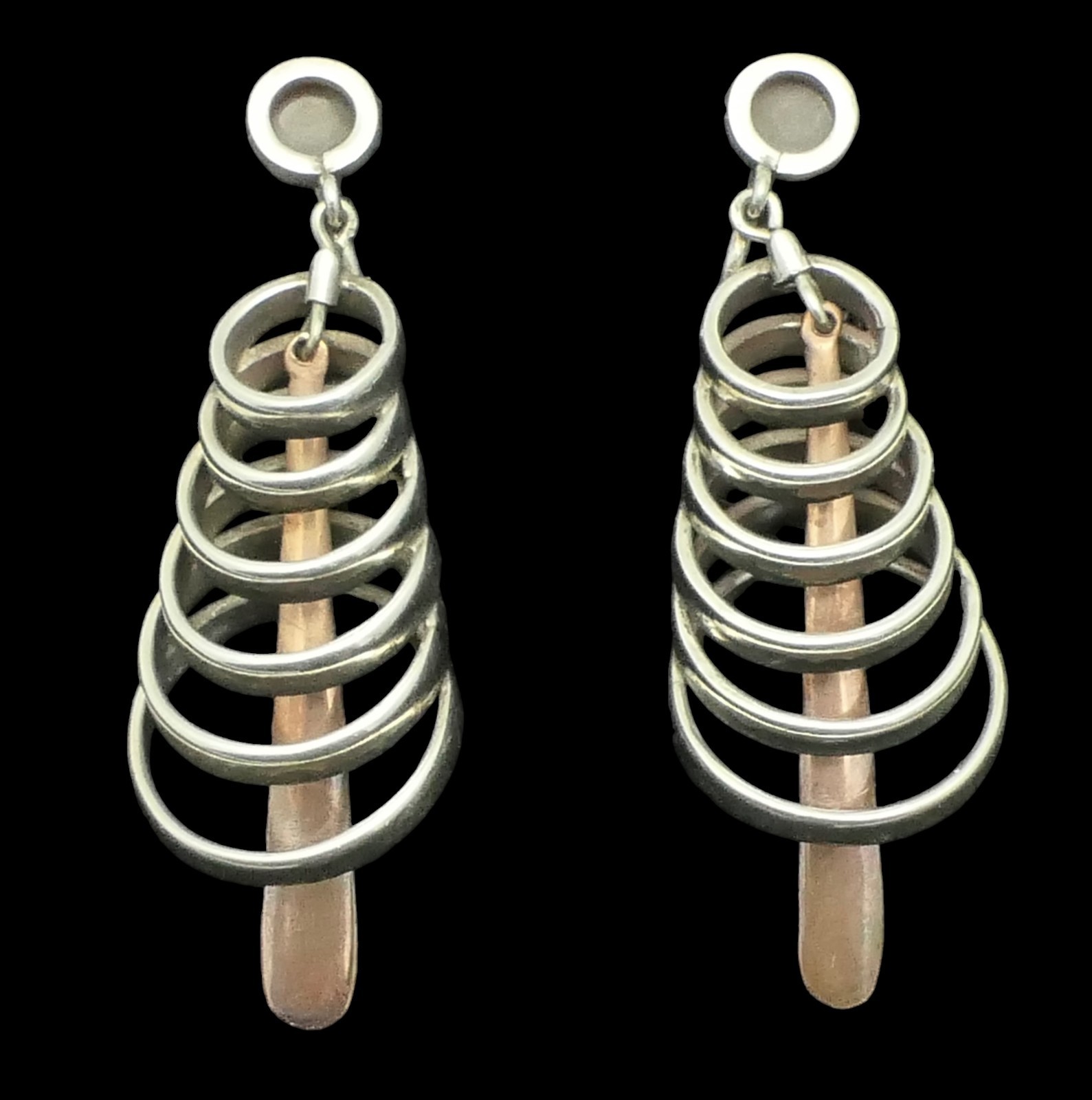 Los Castillo Sterling Copper Dangle Earrings #122 Taxco Mexico Modernist 2 1/4″
