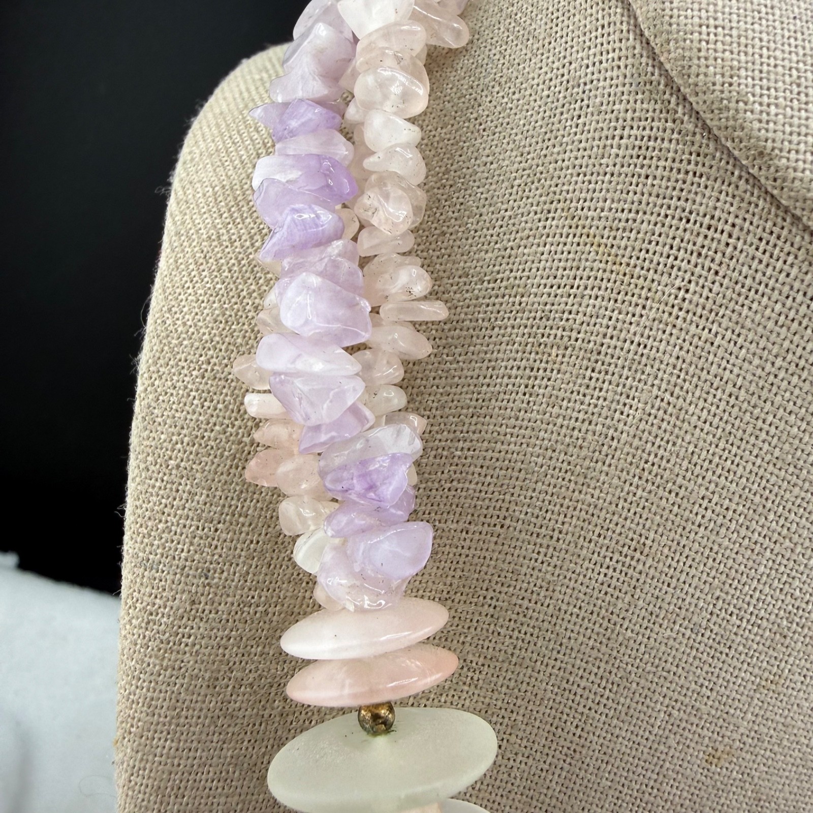 Vintage Polished Stone Beaded Necklace White Pink Purple Pastel 18”